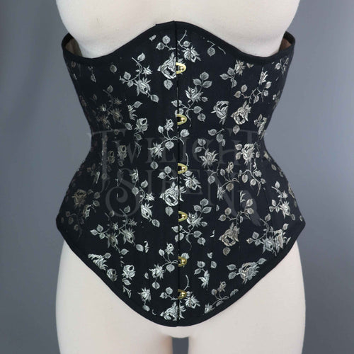 24 INCH WAIST  BLACK AND CHAMPAGNE GOLD ROSEBUD COUTIL UNDERBUST CORSET