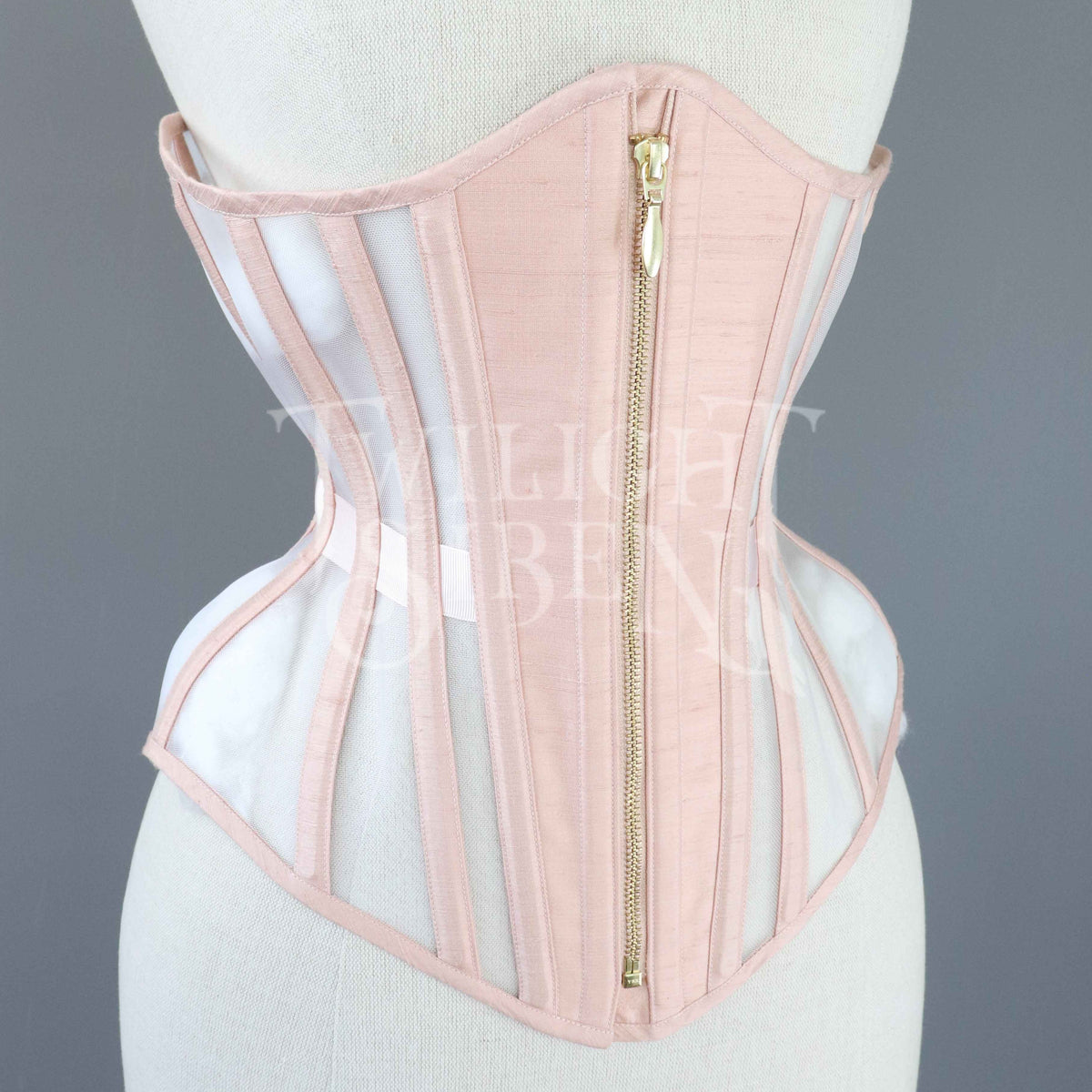 21.5 INCH SALMON SILK & MESH ZIPPED UNDERBUST CORSET (LARGE RIB SPRING –  TWILIGHT SIREN