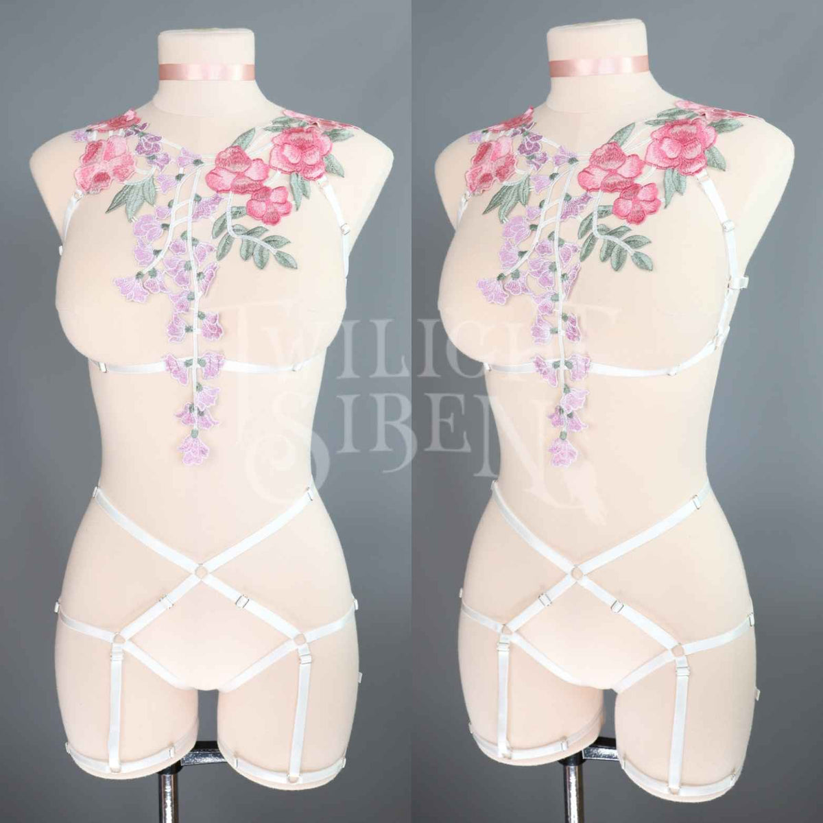 Floral Print Stretchy Body Harness w/Silver Hardware main image 0