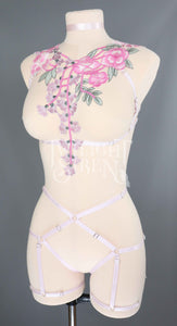 PASTEL PINK FLORAL LACE BODY HARNESS SET