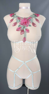PINK FLORAL LACE BODY HARNESS SET