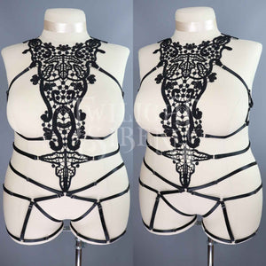 BLACK LACE BODY HARNESS OUVERT PLAYSUIT - DEVELOPMENT SAMPLE UK 24-26 // US 20-22