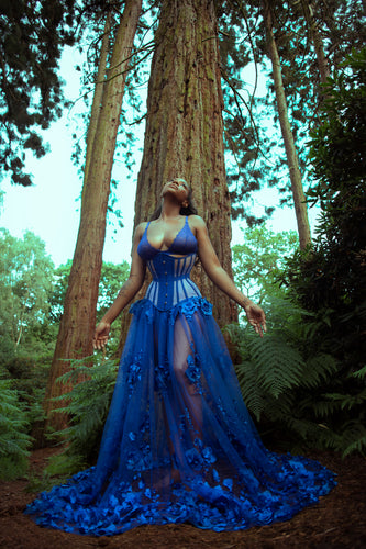 26-32 INCH WAIST // UK 8-14 ROYAL BLUE FLORAL TULLE SKIRT - LONG PHOTOSHOOT SAMPLE