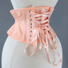 vintage salmon pink patterned coutil ELiza corset waspie. Short corset with satin ribbon lacing back view by Twilight Siren Corsetry