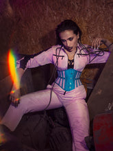 21.5 INCH WAIST VOLUSPA TEAL SILK AND PALE BLUE MESH RIDING CORSET