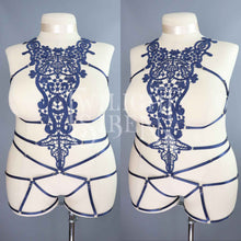 NAVY BLUE PURPLE LACE BODY HARNESS OUVERT PLAYSUIT - SIZE XLARGE / UK 20-22 / US 16-18 DEVELOPMENT SAMPLE