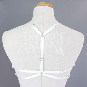 BACK VIEW OFF WHITE IVORY TALIA BODY HARNESS BRALET - ELASTIC STRAP BODY HARNESS WITH SILVER METAL RINGS AND SLIDERS ADJUSTABLE STRAPS RACER BACK DESIGN