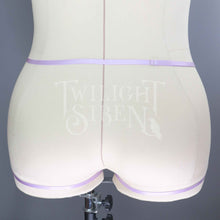 LILAC PURPLE THIGH LEG BODY HARNESS WITH SUSPENDER.MADE FROM ELASTIC STRAPS WITH RINGS AND SLIDERS ADJUSTABLE STRAPS