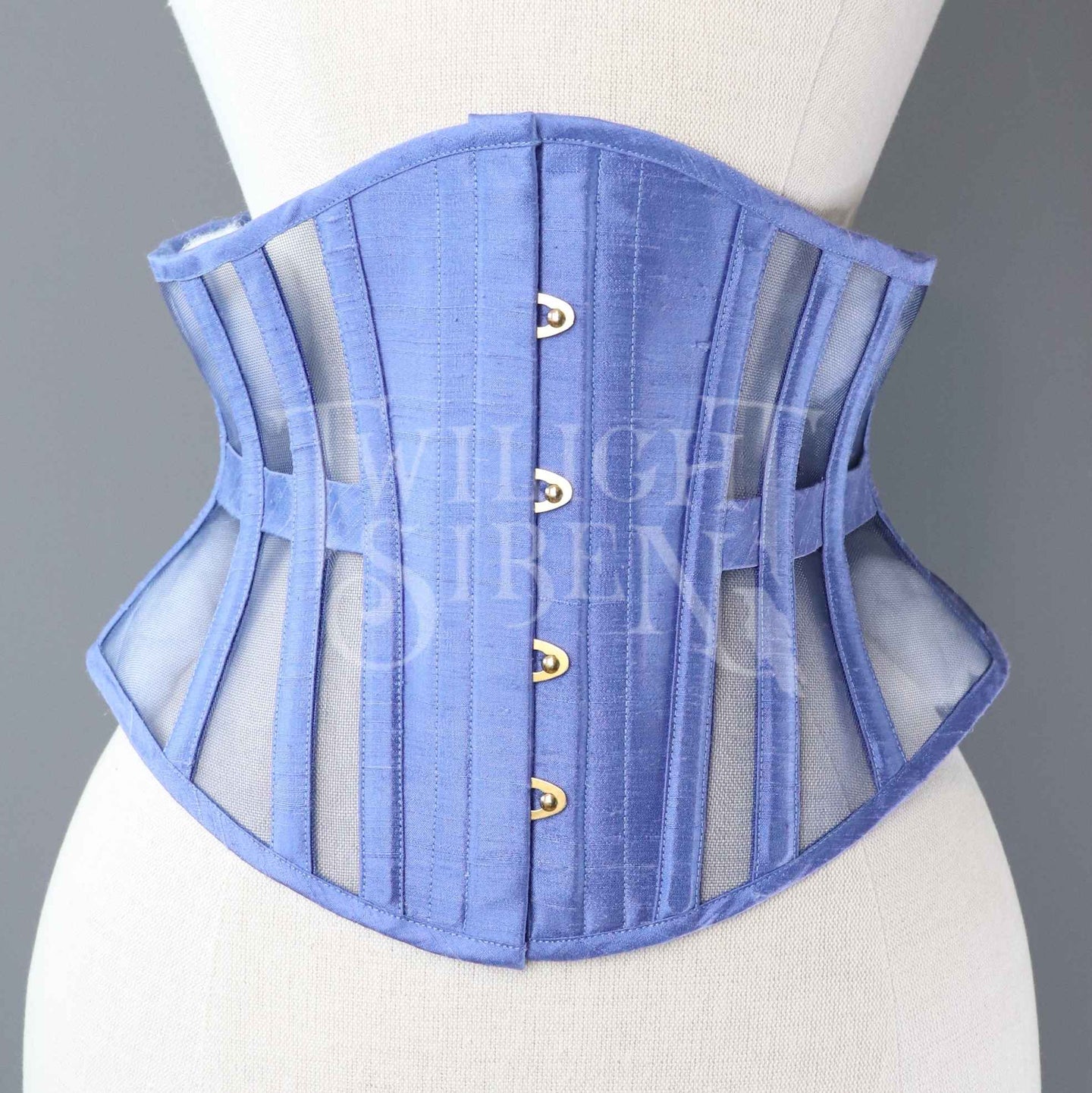 25.5 INCH WAIST VOLUSPA CORNFLOWER BLUE SILK AND NAVY MESH RIDING CORSET