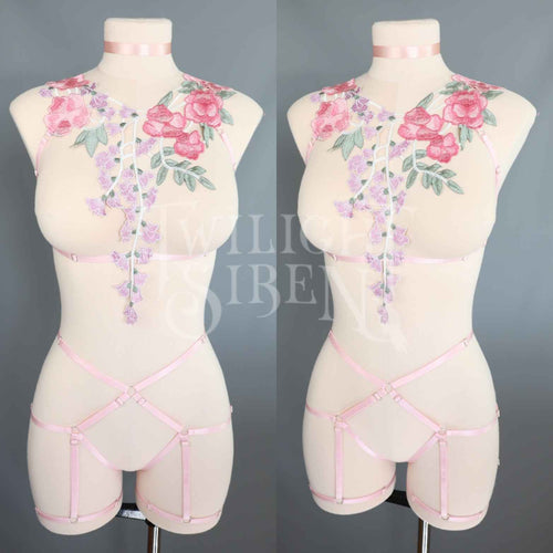 PINK FLORAL LACE BODY HARNESS SET - SIZE - SMALL // UK 8-10 // US 4-6 (FITS UNDERBUST / RIBCAGE UP TO  32