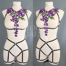 PURPLE / BLACK FLORAL LACE BODY HARNESS SET - MEDIUM: UK 12-14 : USA 8-10