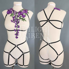 PURPLE / BLACK FLORAL LACE BODY HARNESS SET - MEDIUM: UK 12-14 : USA 8-10