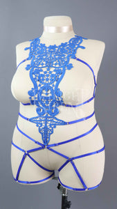 ROYAL BLUE LACE BODY HARNESS OUVERT PLAYSUIT