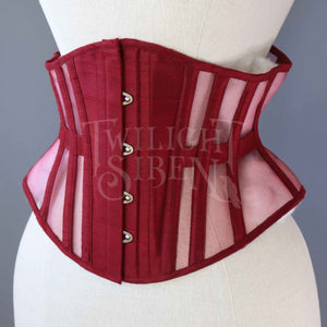 25.5 INCH WAIST VOLUSPA CLARET RED SILK AND WINE MESH RIDING CORSET