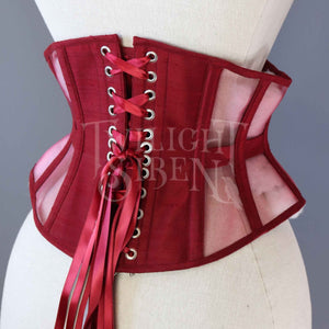 25.5 INCH WAIST VOLUSPA CLARET RED SILK AND WINE MESH RIDING CORSET