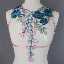 PEACOCK BLUE/ ROSE LACE BODY HARNESS BRALET SIZE MEDIUM // UK 12-14 // US 8-10