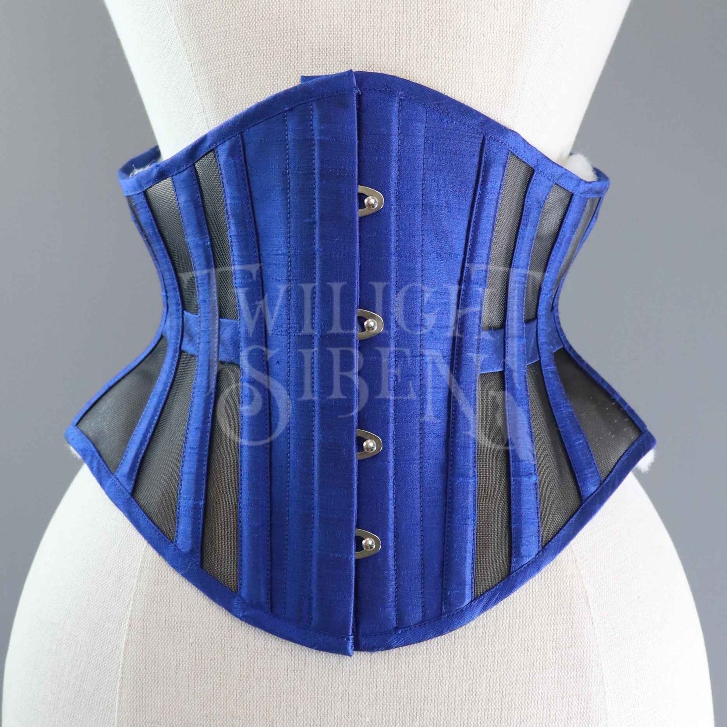 22 INCH WAIST VOLUSPA BLUE SILK AND BLACK MESH RIDING CORSET