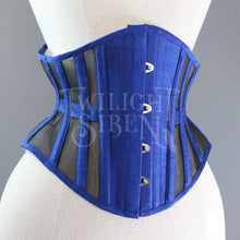 22 INCH WAIST VOLUSPA BLUE SILK AND BLACK MESH RIDING CORSET