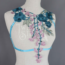 TEAL PEACOCK BLUE LACE BODY HARNESS BRALET - SIZE MEDIUM UK 12-14 / US 8-10 (SECONDS)