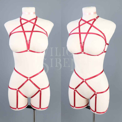 SCARLET RED PENTAGRAM SET: BRALET AND THIGH HARNESS