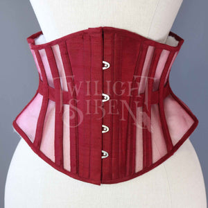 25.5 INCH WAIST VOLUSPA CLARET RED SILK AND WINE MESH RIDING CORSET