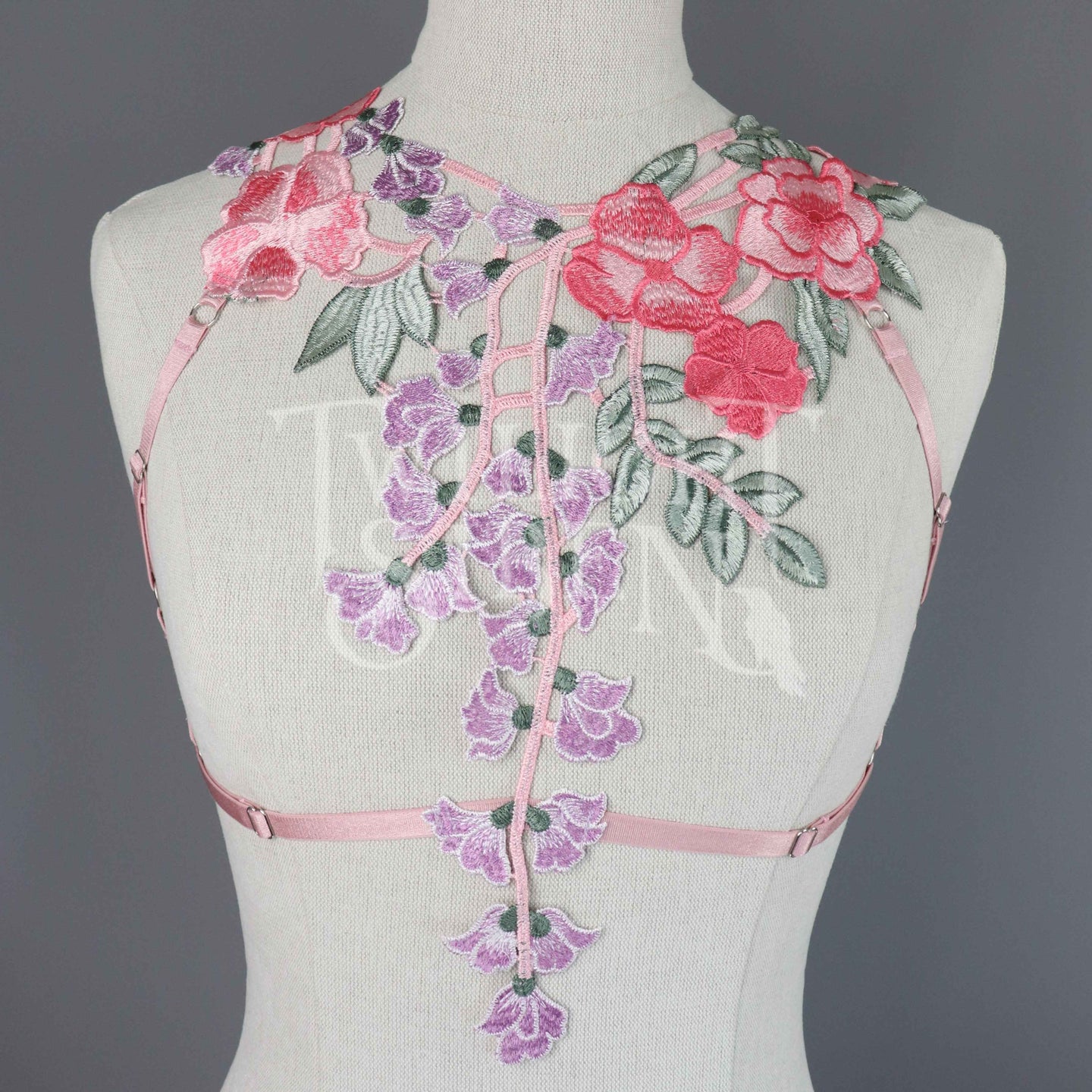 DUSKY ROSE PINK FLORAL LACE BODY HARNESS BRALET SIZE~ XSMALL // UK 4-6 // US 0-2 (FITS RIBCAGE 24
