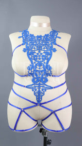 ROYAL BLUE LACE BODY HARNESS OUVERT PLAYSUIT