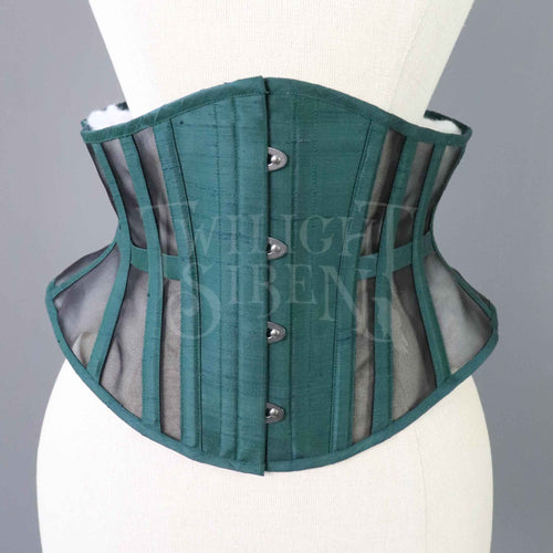 27.5 INCH WAIST VOLUSPA DEEP TEAL GREEN SILK AND MESH RIDING CORSET