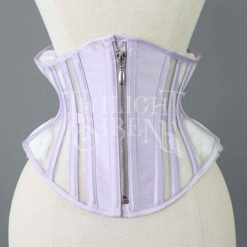 22.5 INCH WAIST CURVY VOLUSPA LILAC SILK AND WHITE MESH RIDING CORSET