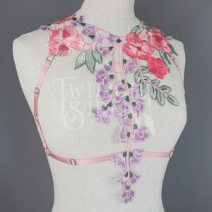 DUSKY ROSE PINK FLORAL LACE BODY HARNESS BRALET SIZE~ XSMALL // UK 4-6 // US 0-2 (FITS RIBCAGE 24"-30")