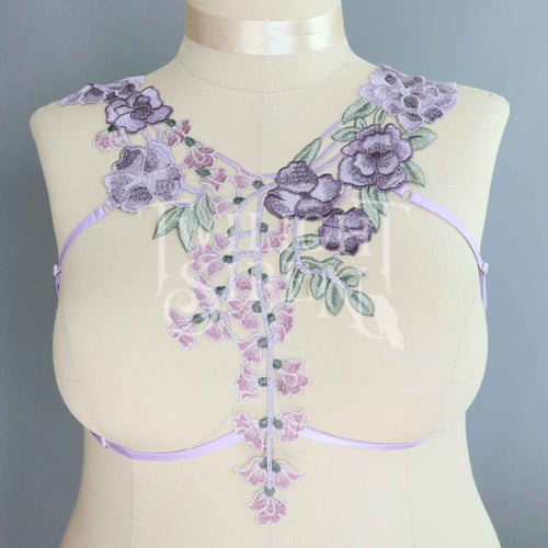 LILAC LACE BODY HARNESS BRALET ~SIZE~ LARGE // UK 16-18 // US 12-14 (FITS UNDERBUST/ RIBCAGE CIRCUMFERENCE 32