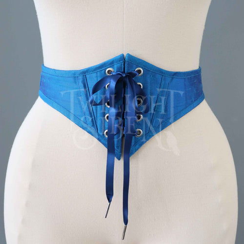 26 INCH WAIST PEACOCK BLUE SILK SWISS WAIST CORSET (SUITABLE FOR NATURAL WAIST 27-28 INCH)