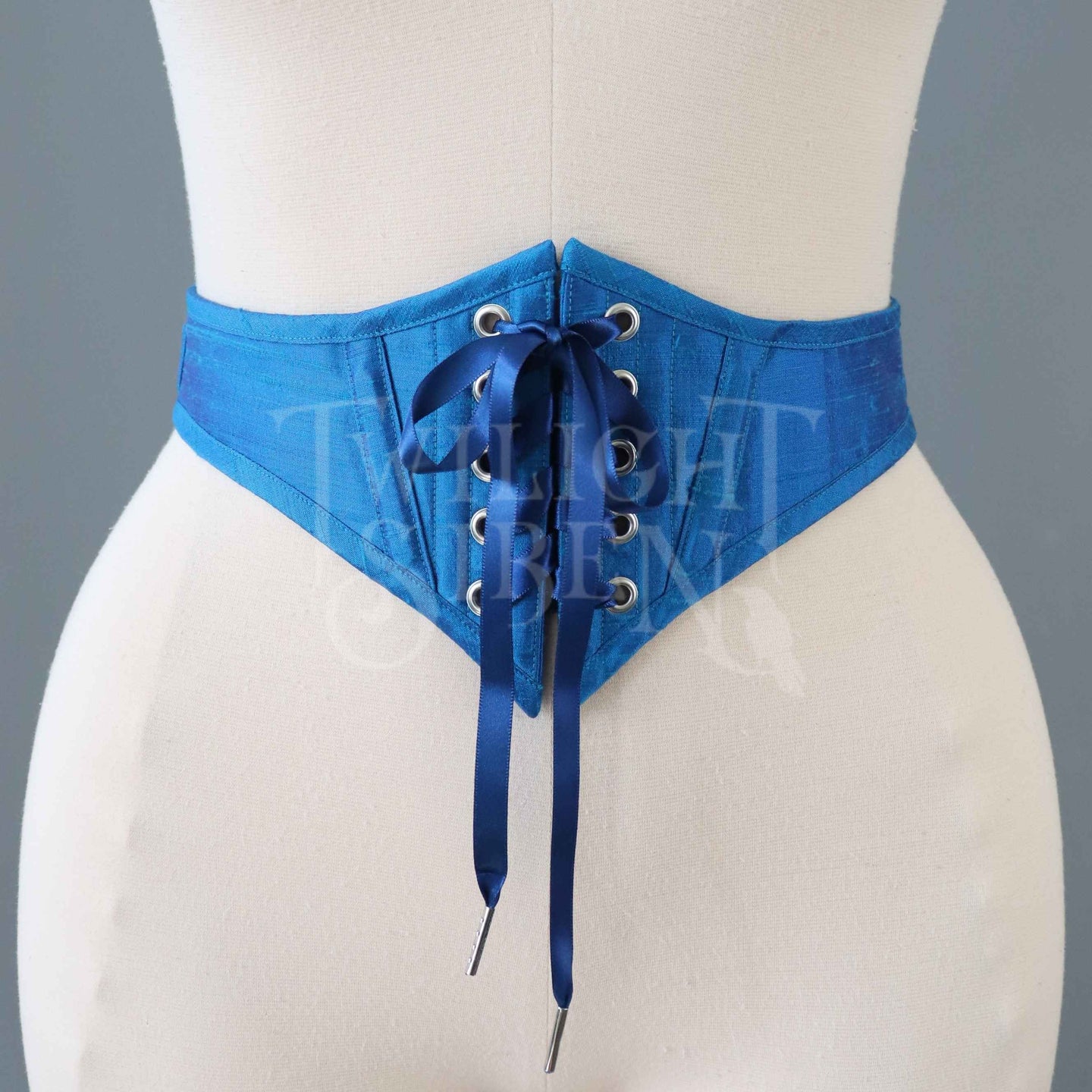 26 INCH WAIST PEACOCK BLUE SILK SWISS WAIST CORSET (SUITABLE FOR NATURAL WAIST 27-28 INCH)
