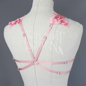 DUSKY ROSE PINK FLORAL LACE BODY HARNESS BRALET SIZE~ XSMALL // UK 4-6 // US 0-2 (FITS RIBCAGE 24"-30")