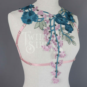 PEACOCK BLUE/ ROSE LACE BODY HARNESS BRALET