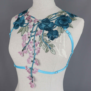 TEAL PEACOCK BLUE LACE BODY HARNESS BRALET - SIZE MEDIUM UK 12-14 / US 8-10 (SECONDS)