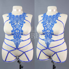 ROYAL BLUE LACE BODY HARNESS OUVERT PLAYSUIT