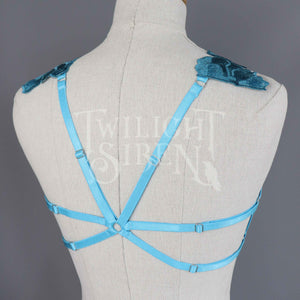 TEAL PEACOCK BLUE LACE BODY HARNESS BRALET - SIZE SIZE~ XSMALL- UK 4-6 // US 0-2 (FITS RIBCAGE 24"-30")