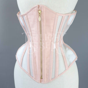 21.5 INCH SALMON SILK & MESH ZIPPED UNDERBUST CORSET (LARGE RIB SPRING)