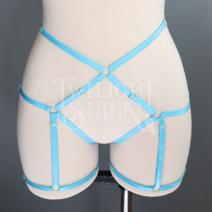 TEAL TURQUOISE BLUE / GOLD LEG BODY HARNESS SUSPENDER UK 8-10