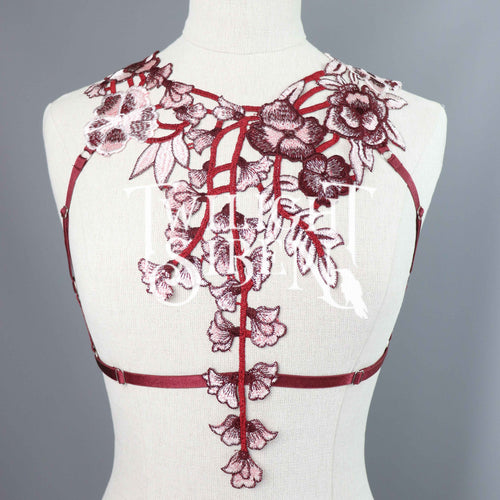 WINE FLORAL LACE BODY HARNESS BRALET - SIZE - SMALL // UK 8-10 // US 4-6
(FITS UNDERBUST / RIBCAGE UP TO  32
