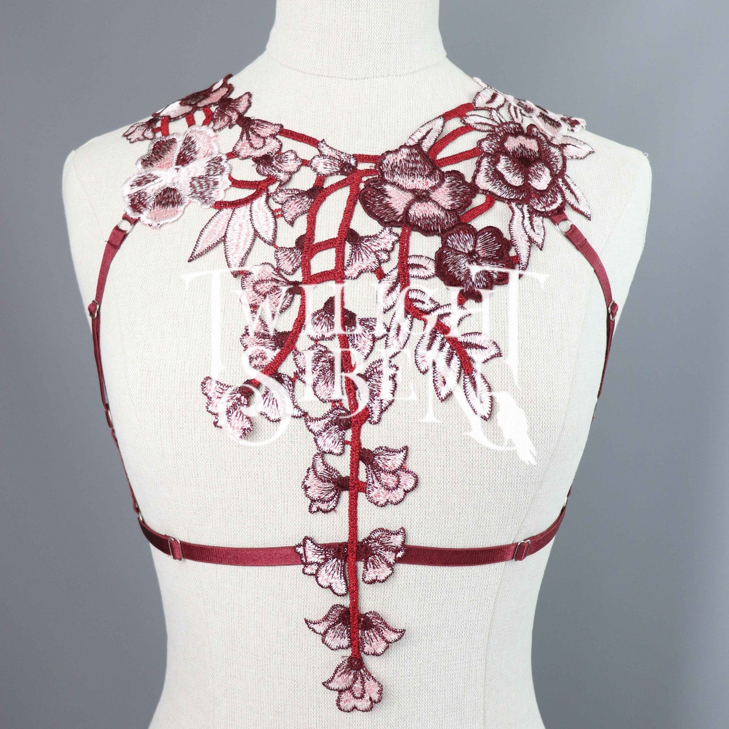 WINE FLORAL LACE BODY HARNESS BRALET - SIZE - SMALL // UK 8-10 // US 4-6
(FITS UNDERBUST / RIBCAGE UP TO  32