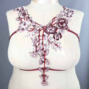 WINE LACE BODY HARNESS BRALET ~ SIZE LARGE//  UK 16-18// US 12-14 (FIT 34-44" RIBCAGE)