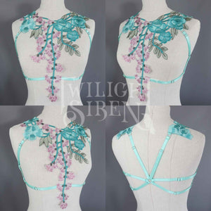 TEAL LACE BODY HARNESS BRALET *OLD VERSION* LIGHT MINT ELASTIC ~ SIZE SMALL / UK 8-10
