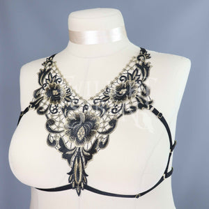 BLACK GOLD LACE BODY HARNESS BRALET - LARGE // UK 16-18