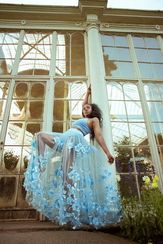 26-32 INCH WAIST // SIZE -  UK 8 -14 //  LIGHT BLUE FLORAL TULLE SKIRT - PHOTOSHOOT SAMPLE