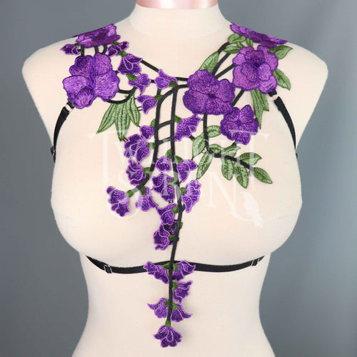 PURPLE/BLACK LACE BODY HARNESS BRALET ~ SIZE SMALL//  UK 8-10 (OLD VERSION ELASTIC)