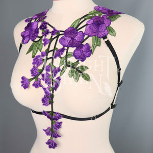 PURPLE/BLACK LACE BODY HARNESS BRALET ~ SIZE SMALL//  UK 8-10 (OLD VERSION ELASTIC)