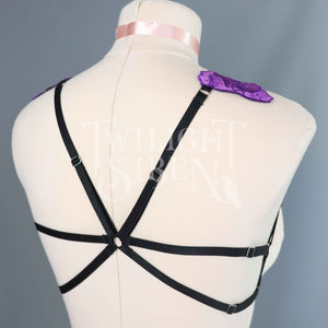 PURPLE/BLACK LACE BODY HARNESS BRALET ~ SIZE SMALL//  UK 8-10 (OLD VERSION ELASTIC)