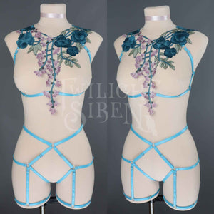 PEACOCK BLUE FLORAL LACE BODY HARNESS SET